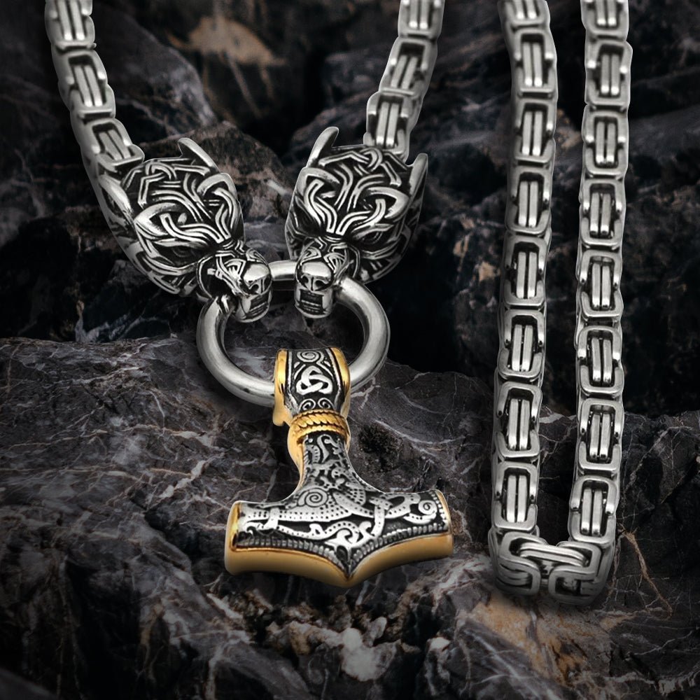 White Gold Runic Mjolnir | Gold Thor's Hammer Pendant